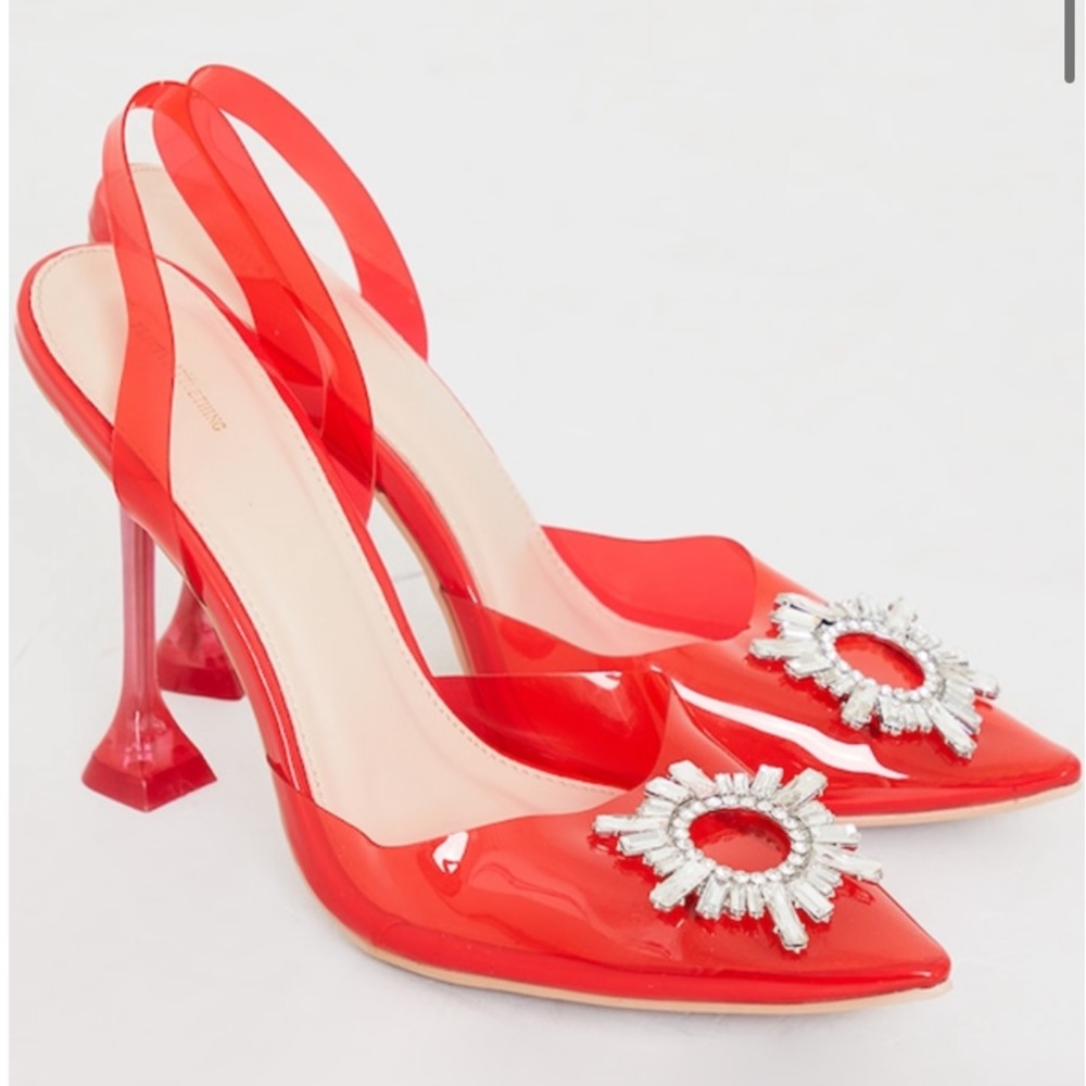 PRETTYLITTLETHING Red Clear Diamante Slingback Cake Stand High Heels